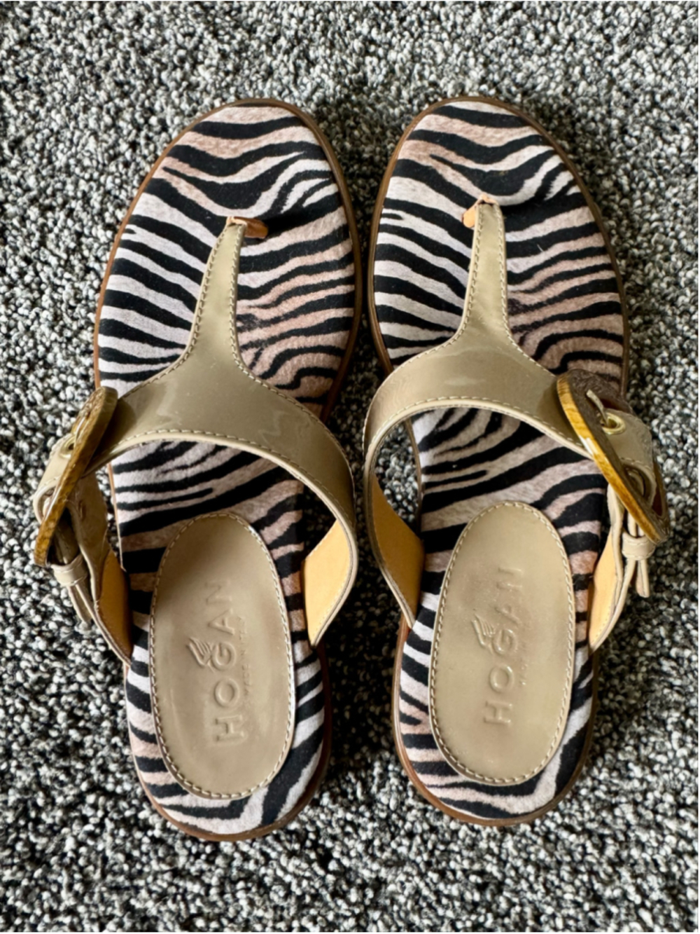 Women's Hogan Patent Leather Ibiza Sandals Zebra Footbed Tortoiseshell Buckle 36